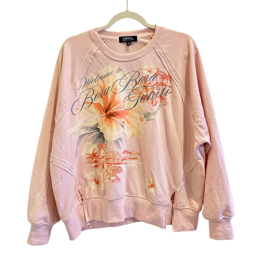 Vinyl Icons Pink Graphic Sweatshirt | Bora Bora Tahiti Print | Size L | NEW
